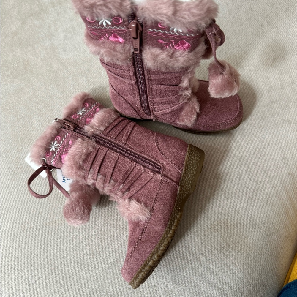 Pink faux suede side zip boots with cute pompoms
